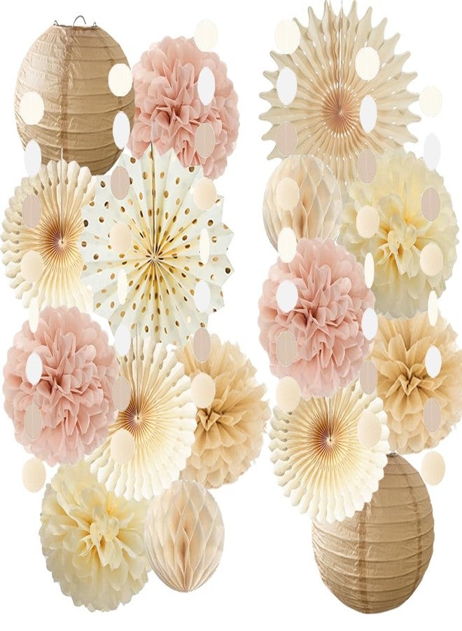FETETIJD Champagne Gold Beige Fall Boho Party Decorations Pink and Beige Birthday Baby Shower Decorations Paper Fans Paper Pom Poms Lanterns for Women Girl Rustic Bachelorette Wedding Decor - Image 1