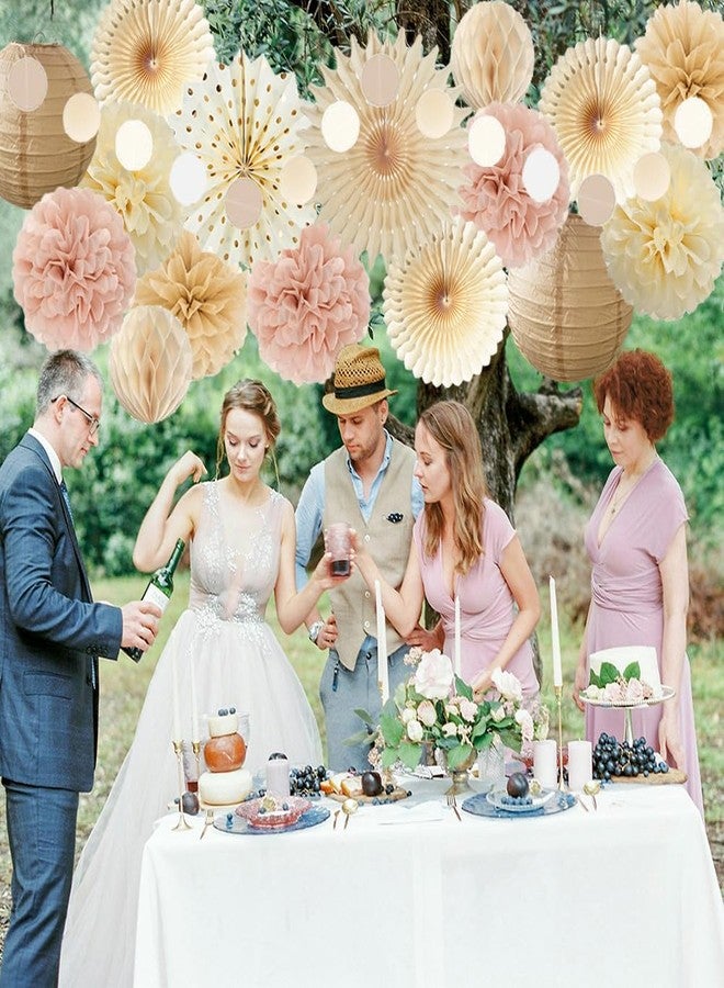 FETETIJD Champagne Gold Beige Fall Boho Party Decorations Pink and Beige Birthday Baby Shower Decorations Paper Fans Paper Pom Poms Lanterns for Women Girl Rustic Bachelorette Wedding Decor - Image 3