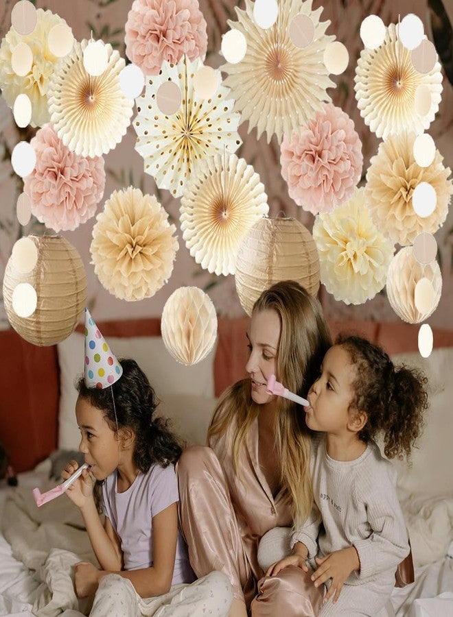 FETETIJD Champagne Gold Beige Fall Boho Party Decorations Pink and Beige Birthday Baby Shower Decorations Paper Fans Paper Pom Poms Lanterns for Women Girl Rustic Bachelorette Wedding Decor - Image 5