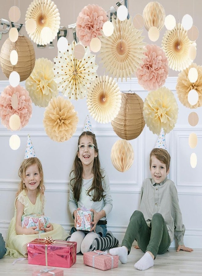 FETETIJD Champagne Gold Beige Fall Boho Party Decorations Pink and Beige Birthday Baby Shower Decorations Paper Fans Paper Pom Poms Lanterns for Women Girl Rustic Bachelorette Wedding Decor - Image 4