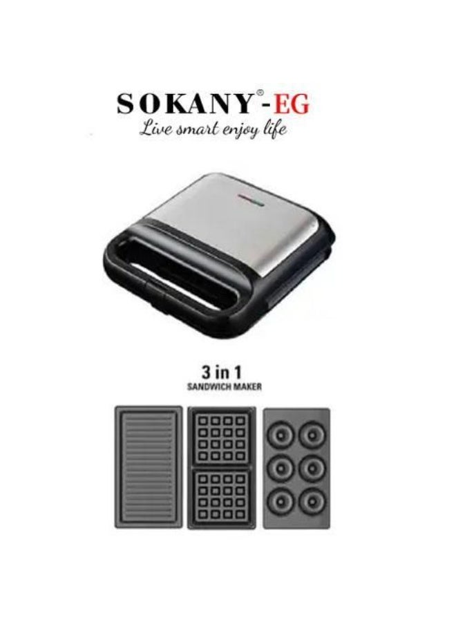 Sokany 3 in 1 Sandwich Maker Multi Color Model SK-08115N 1200 wa1200W Waffle Grill Sandwich & Donuts Non-Stick Plates 1-Year Official Warranty - Image 2