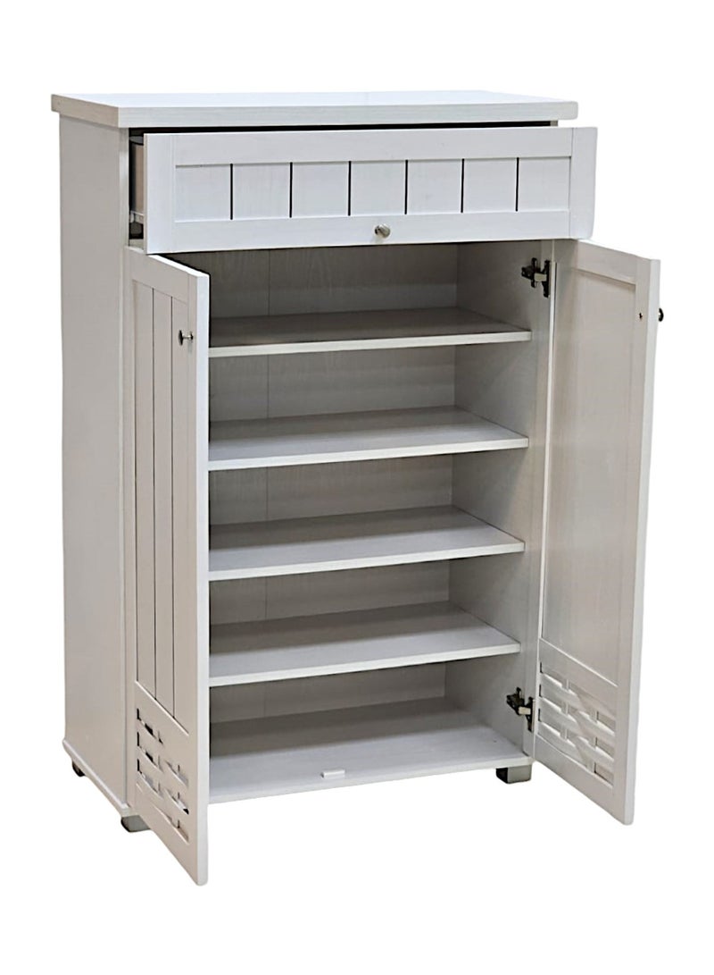 مفروشات صابر واخوانه (ذ.م.م) SBF Wooden Shoe Cabinet, 5-Tier Storage Organizer with 2 Doors and 1 Drawer, Malaysian Shoe Rack for Entryway and Living Room, White  - Image 3