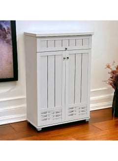 مفروشات صابر واخوانه (ذ.م.م) SBF Wooden Shoe Cabinet, 5-Tier Storage Organizer with 2 Doors and 1 Drawer, Malaysian Shoe Rack for Entryway and Living Room, White  - Image 4