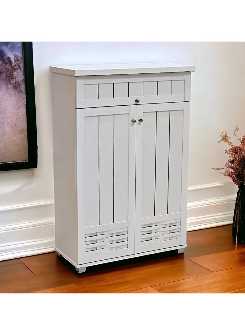 مفروشات صابر واخوانه (ذ.م.م) SBF Wooden Shoe Cabinet, 5-Tier Storage Organizer with 2 Doors and 1 Drawer, Malaysian Shoe Rack for Entryway and Living Room, White  - Image 4