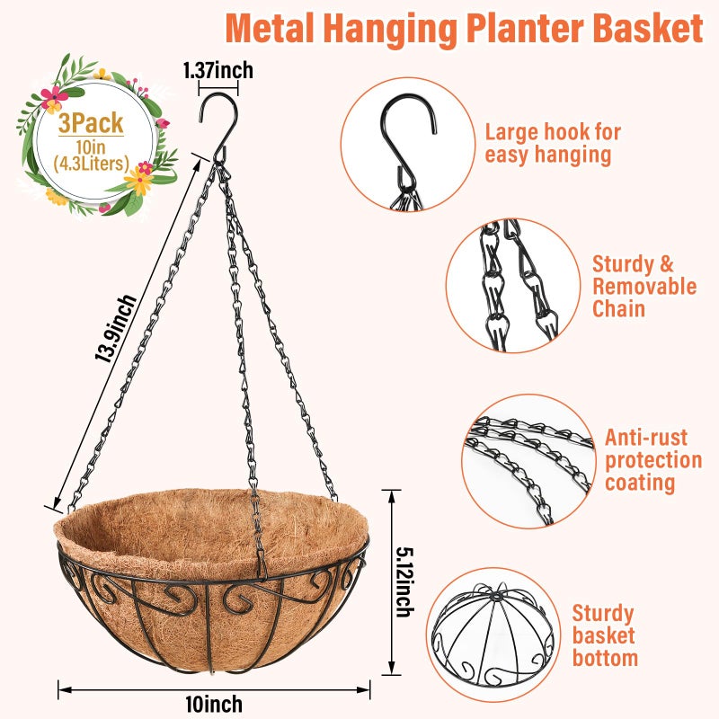 Legigo 3 Pack 10 Inch Metal Hanging Baskets for Plants Outdoor- Round Wire Hanging Planters Basket with Coconut Coir Liner, Hanging Flower Pot for Outdoor Plants Flowers Garden Decorations - Image 2