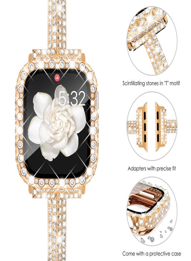 NewWays for Apple Watch Bands Series 10 42mm for Women, Jewelry Diamond Rhinestone Stainless Steel Metal Wristband Strap with Bling PC Protective Case for iWatch Series10, Rose Gold - Image 3