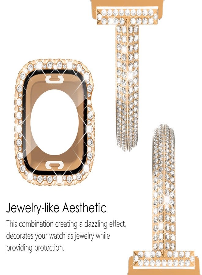 NewWays for Apple Watch Bands Series 10 42mm for Women, Jewelry Diamond Rhinestone Stainless Steel Metal Wristband Strap with Bling PC Protective Case for iWatch Series10, Rose Gold - Image 2