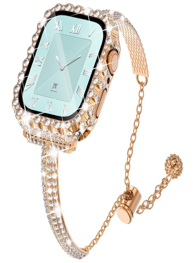 NewWays for Apple Watch Bands Series 10 42mm for Women, Jewelry Diamond Rhinestone Stainless Steel Metal Wristband Strap with Bling PC Protective Case for iWatch Series10, Rose Gold - Image 1