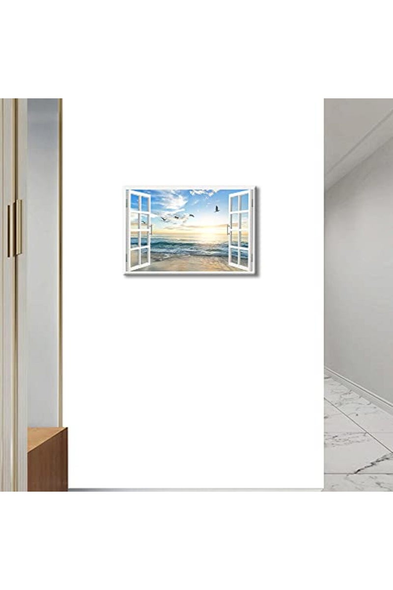 TISHIRON Beach View 3D Window Effect Canvas Art Sunset Beach Blue Ocean Art Large Modern Artwork Canvas Prints for Living Room Office Bedroom Posters Prints Framed Ready to Hang - 12" W x 18" H - Image 2