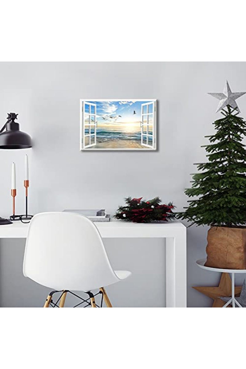 TISHIRON Beach View 3D Window Effect Canvas Art Sunset Beach Blue Ocean Art Large Modern Artwork Canvas Prints for Living Room Office Bedroom Posters Prints Framed Ready to Hang - 12" W x 18" H - Image 3
