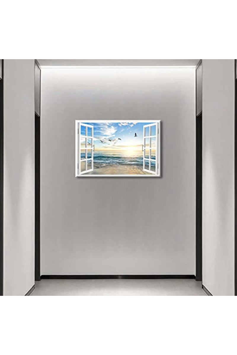 TISHIRON Beach View 3D Window Effect Canvas Art Sunset Beach Blue Ocean Art Large Modern Artwork Canvas Prints for Living Room Office Bedroom Posters Prints Framed Ready to Hang - 12" W x 18" H - Image 4