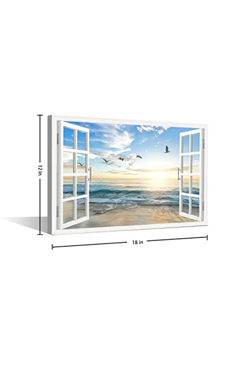 TISHIRON Beach View 3D Window Effect Canvas Art Sunset Beach Blue Ocean Art Large Modern Artwork Canvas Prints for Living Room Office Bedroom Posters Prints Framed Ready to Hang - 12" W x 18" H - Image 5