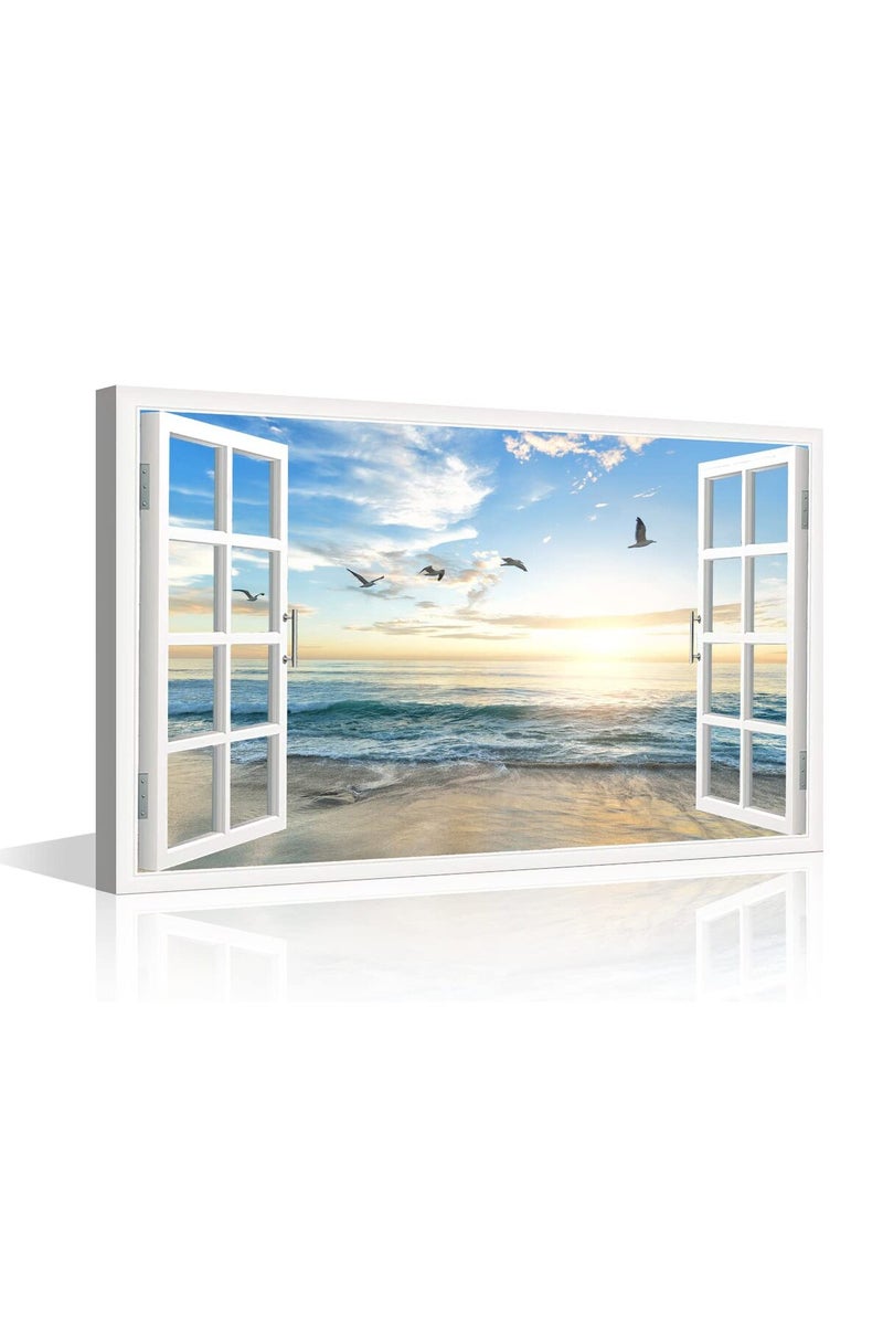 TISHIRON Beach View 3D Window Effect Canvas Art Sunset Beach Blue Ocean Art Large Modern Artwork Canvas Prints for Living Room Office Bedroom Posters Prints Framed Ready to Hang - 12" W x 18" H - Image 1
