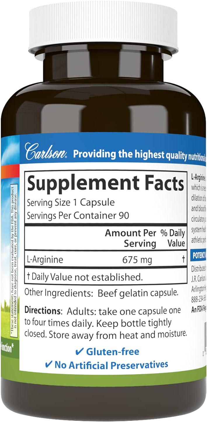 Carlson كارلسون لارجينين 675 ملغ يعزز الدورة الدموية الصحية نظام القلب والأوعية الدموية 90 كبسولة - Image 2