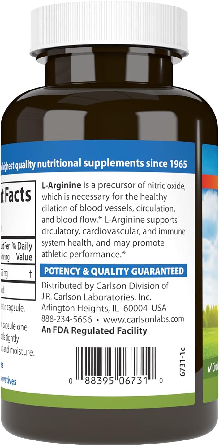 Carlson كارلسون لارجينين 675 ملغ يعزز الدورة الدموية الصحية نظام القلب والأوعية الدموية 90 كبسولة - Image 3