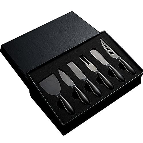 MBBITL Black Cheese Knives Set 6 Piece Slicer Cutter Fork Spreader Tool Collection Stainless Steel - Image 1