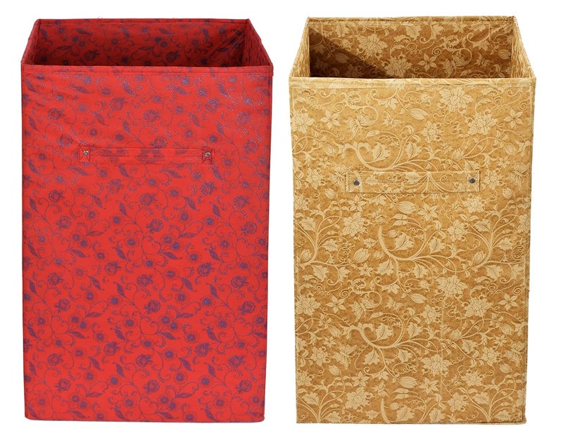 Kuber Industries Metalic Floral Print Non Woven Fabric Foldable Laundry Basket, Toy Storage Basket, Cloth Storage Basket With Handles,60Ltr(Set Of 2, Beige & Red)-KUBMART16452 - Image 1