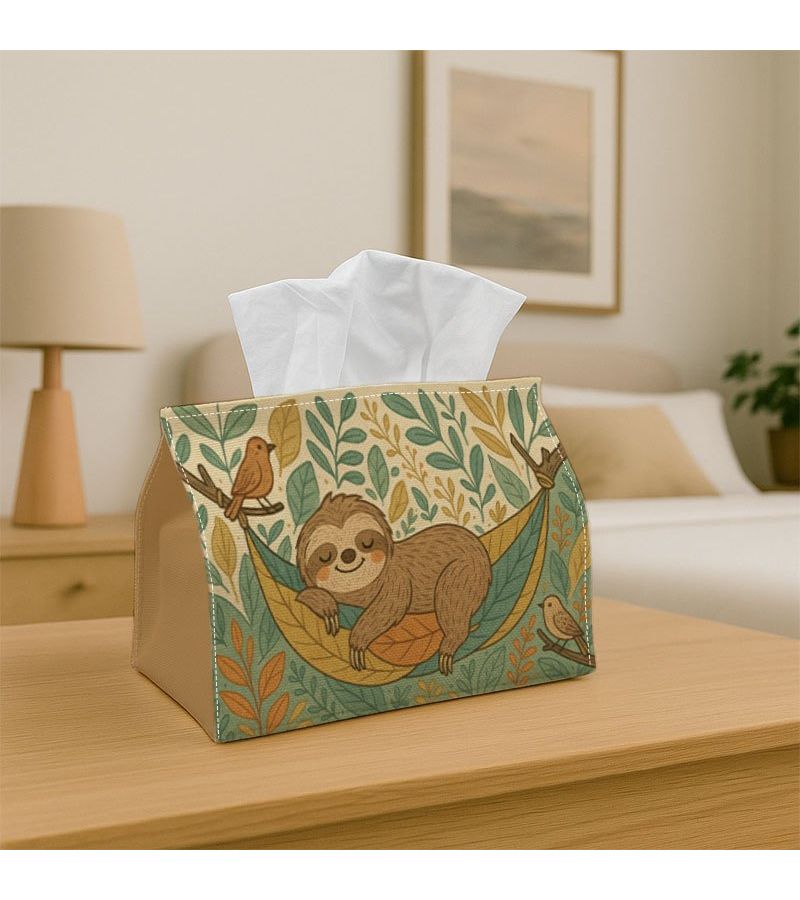 1pc Boho Animal Tissue Holder Sloth And Leaves Design Sturdy Fabric Decorative Organizer 11x13x18cm For Kitchen Living Room Bedroom Vehicle Versatile Holiday Home Decoration With Rounded Corners Perfect For Table Or Shelf - Image 1