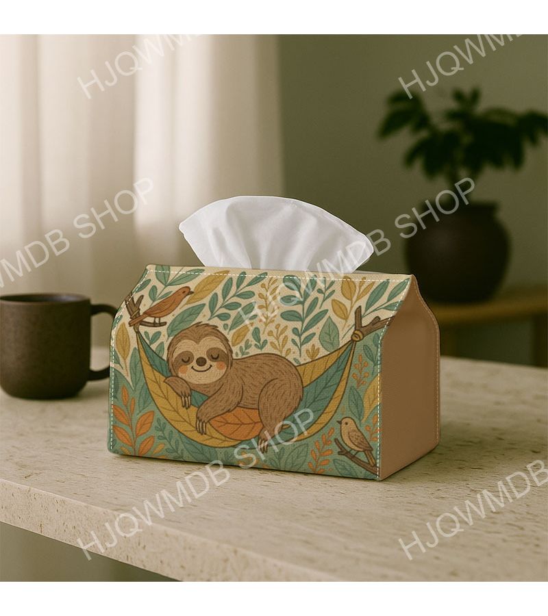 1pc Boho Animal Tissue Holder Sloth And Leaves Design Sturdy Fabric Decorative Organizer 11x13x18cm For Kitchen Living Room Bedroom Vehicle Versatile Holiday Home Decoration With Rounded Corners Perfect For Table Or Shelf - Image 2