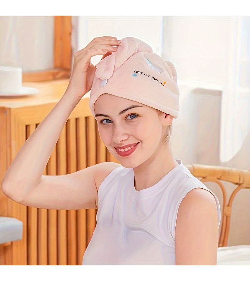 1pc Pink Super Absorbent Quick Dry Hair Towel Cap with Cute Cartoon Embroidery Design Lightweight Fabric Coral Fleece 240gsm for Bathing and Hair Drying Bathroom Accessories - Image 5