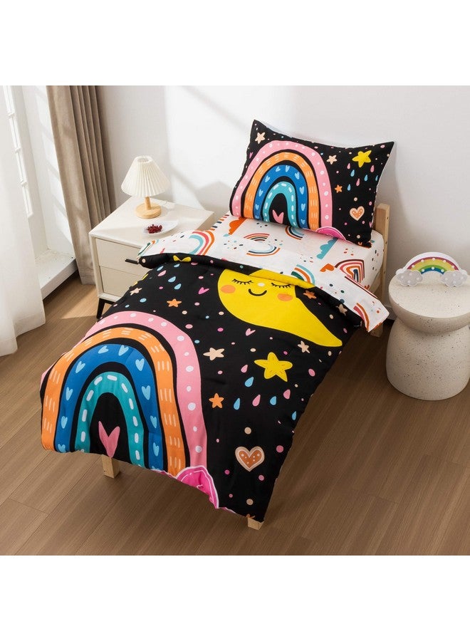 Btargot 4 Pieces Ultra Soft Toddler Bedding Set, Cartoon Love Hearts Flowers and Grass Rainbow Moon Pattern Comforter Sets for Baby Girls Boys, Black - Image 2