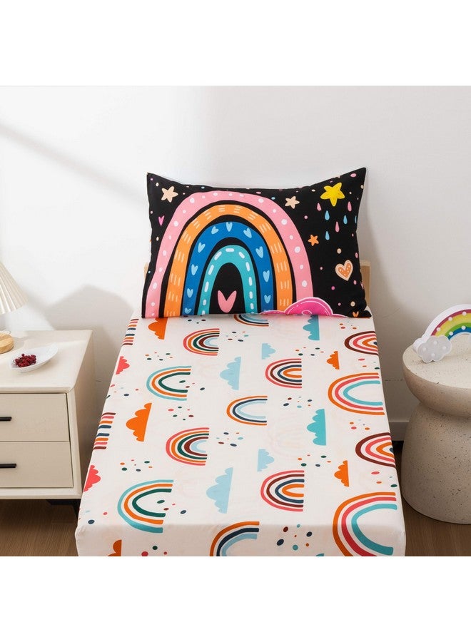 Btargot 4 Pieces Ultra Soft Toddler Bedding Set, Cartoon Love Hearts Flowers and Grass Rainbow Moon Pattern Comforter Sets for Baby Girls Boys, Black - Image 3