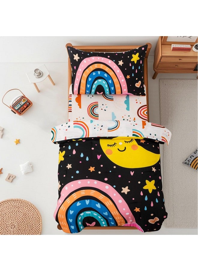 Btargot 4 Pieces Ultra Soft Toddler Bedding Set, Cartoon Love Hearts Flowers and Grass Rainbow Moon Pattern Comforter Sets for Baby Girls Boys, Black - Image 1