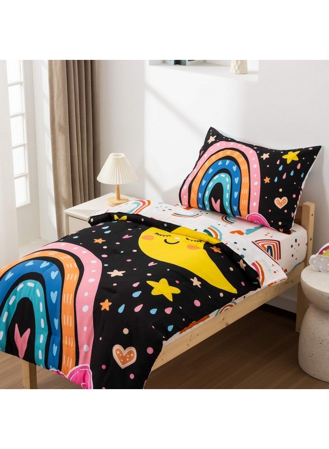 Btargot 4 Pieces Ultra Soft Toddler Bedding Set, Cartoon Love Hearts Flowers and Grass Rainbow Moon Pattern Comforter Sets for Baby Girls Boys, Black - Image 5