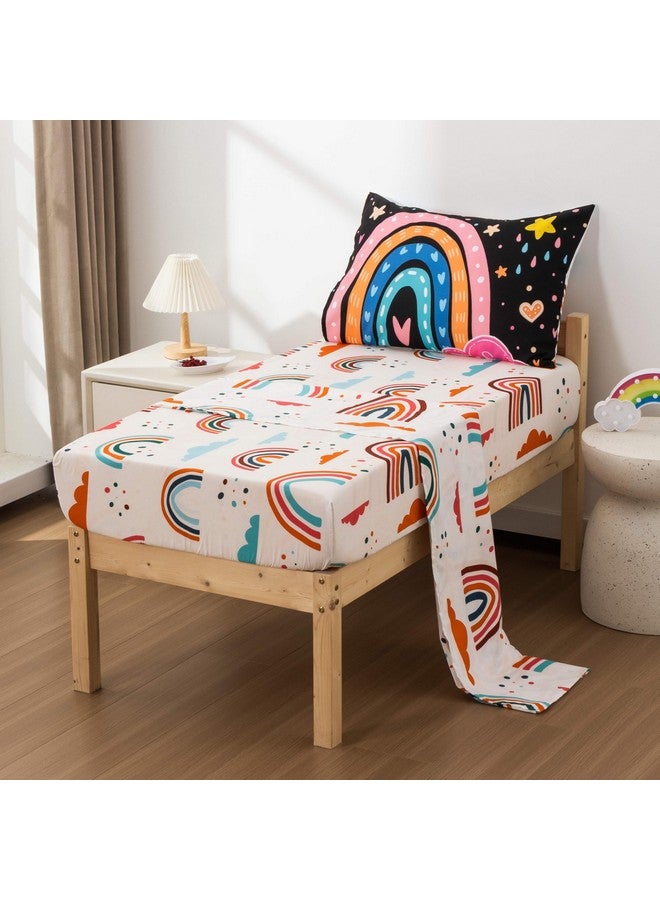 Btargot 4 Pieces Ultra Soft Toddler Bedding Set, Cartoon Love Hearts Flowers and Grass Rainbow Moon Pattern Comforter Sets for Baby Girls Boys, Black - Image 4