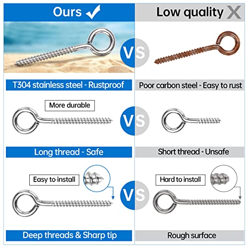 Muzata 20 Pack Eye Screws 3.3 Inch Stainless Steel Eye Hooks Screw for Wood Heavy Duty Self Tapping M6 Eyelet Hooks Securing Cables Wire Indoor Outdoor CR18 - Image 4