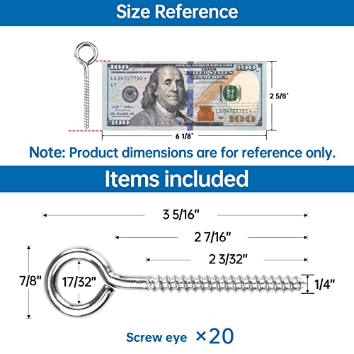 Muzata 20 Pack Eye Screws 3.3 Inch Stainless Steel Eye Hooks Screw for Wood Heavy Duty Self Tapping M6 Eyelet Hooks Securing Cables Wire Indoor Outdoor CR18 - Image 2