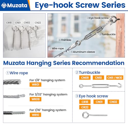 Muzata 20 Pack Eye Screws 3.3 Inch Stainless Steel Eye Hooks Screw for Wood Heavy Duty Self Tapping M6 Eyelet Hooks Securing Cables Wire Indoor Outdoor CR18 - Image 5