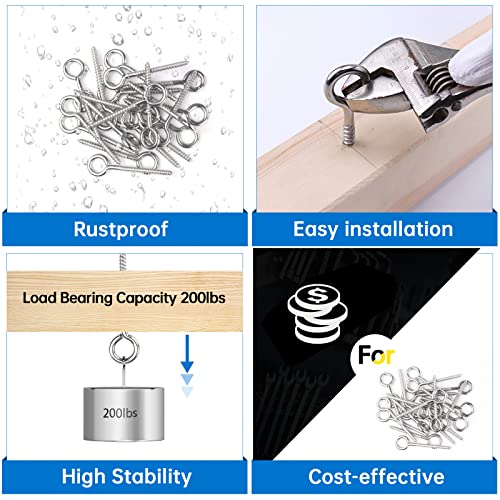 Muzata 20 Pack Eye Screws 3.3 Inch Stainless Steel Eye Hooks Screw for Wood Heavy Duty Self Tapping M6 Eyelet Hooks Securing Cables Wire Indoor Outdoor CR18 - Image 3