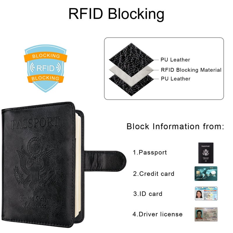 WALNEW Passport Holder for Travel, RFID Passport Cover Wallet for Women Men, PU Leather Passport Book Card Holder Case with Pen (Buckle Closure, Buckle-Black) - Image 3