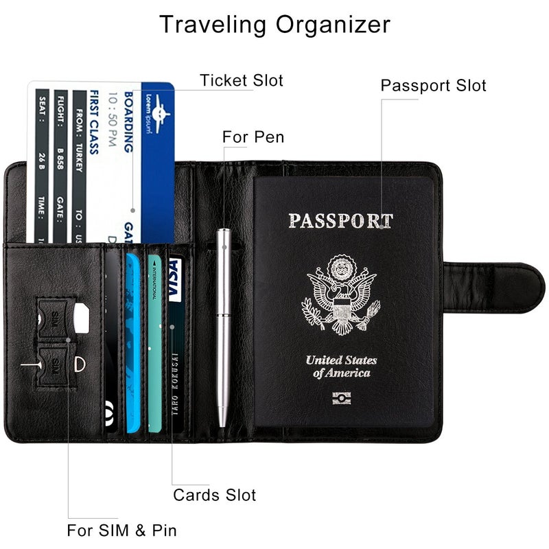 WALNEW Passport Holder for Travel, RFID Passport Cover Wallet for Women Men, PU Leather Passport Book Card Holder Case with Pen (Buckle Closure, Buckle-Black) - Image 4