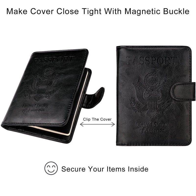 WALNEW Passport Holder for Travel, RFID Passport Cover Wallet for Women Men, PU Leather Passport Book Card Holder Case with Pen (Buckle Closure, Buckle-Black) - Image 5
