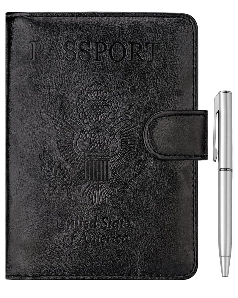 WALNEW Passport Holder for Travel, RFID Passport Cover Wallet for Women Men, PU Leather Passport Book Card Holder Case with Pen (Buckle Closure, Buckle-Black) - Image 1