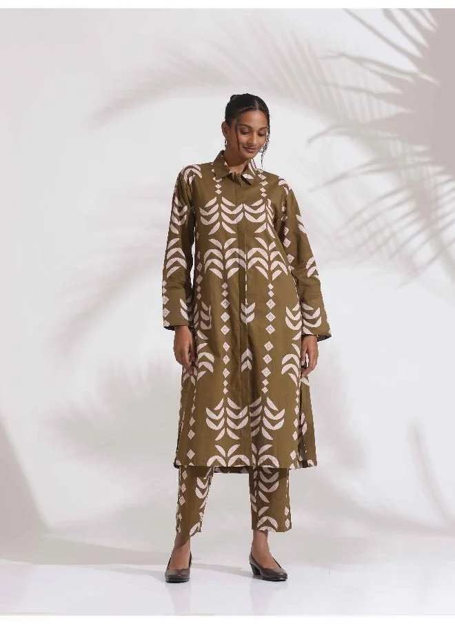 ترو برونز trueBrowns Olive Green Cotton Stripe Print Shirt Kurta Set