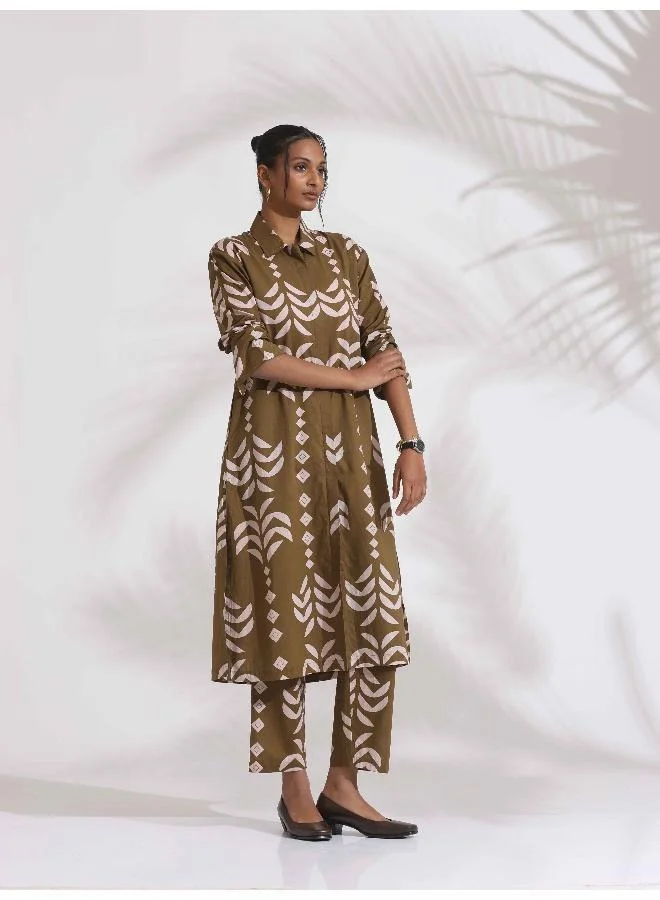 ترو برونز trueBrowns Olive Green Cotton Stripe Print Shirt Kurta Set