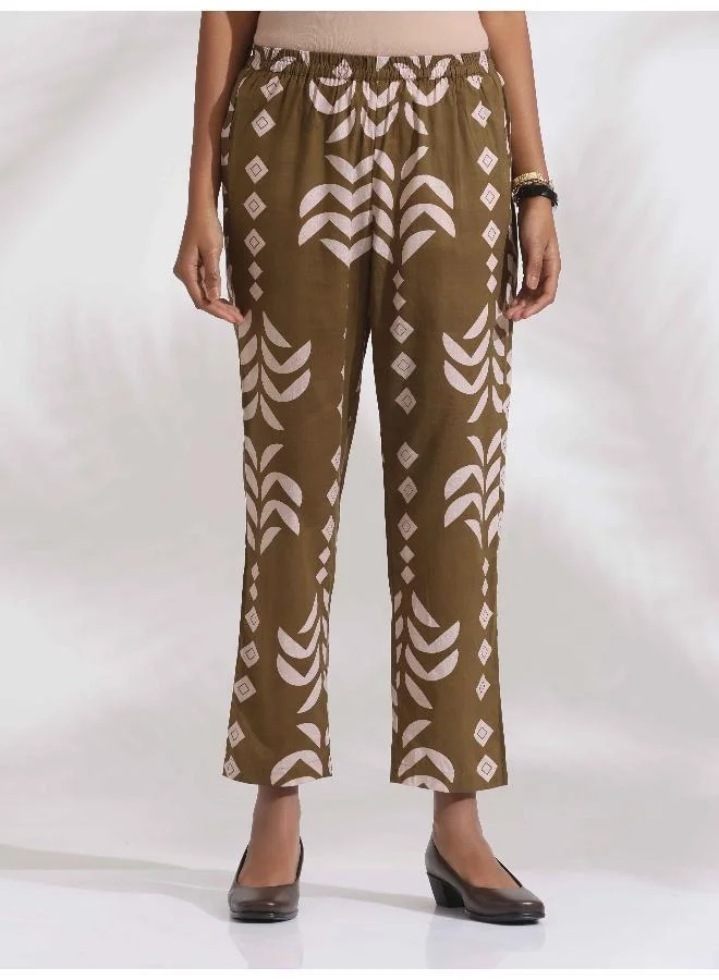 ترو برونز trueBrowns Olive Green Cotton Stripe Print Shirt Kurta Set