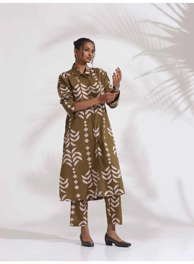 ترو برونز trueBrowns Olive Green Cotton Stripe Print Shirt Kurta Set