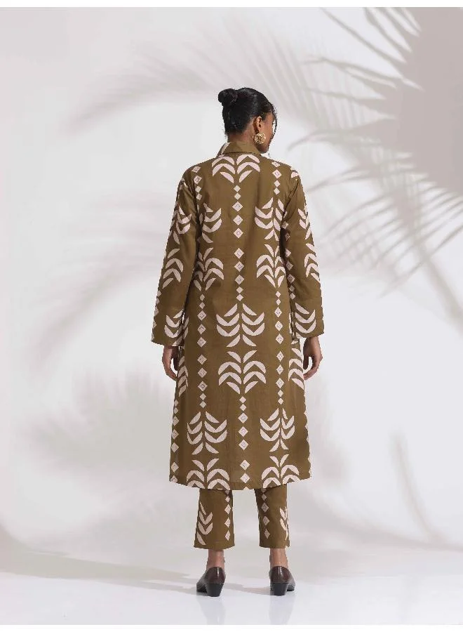ترو برونز trueBrowns Olive Green Cotton Stripe Print Shirt Kurta Set