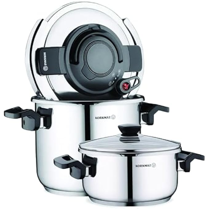 Korkmaz Alessa 4 Piece Pressure Cooker Set  Turkish Pressure Cooker Stainless Steel Cookware  Silver  Ka178 - Image 1