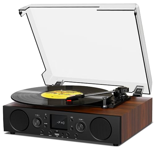 JUNGLE MONSTER Vinyl Record Player with Built-in Speaker,Bluetooth Turntable with USB Recording, 3 Speed Vintage Record Player with Bluetooth Receiving, FM Radio, RCA Out & AXU-in, Vinyl Player Brown - Image 1
