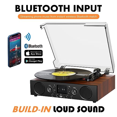 JUNGLE MONSTER Vinyl Record Player with Built-in Speaker,Bluetooth Turntable with USB Recording, 3 Speed Vintage Record Player with Bluetooth Receiving, FM Radio, RCA Out & AXU-in, Vinyl Player Brown - Image 2
