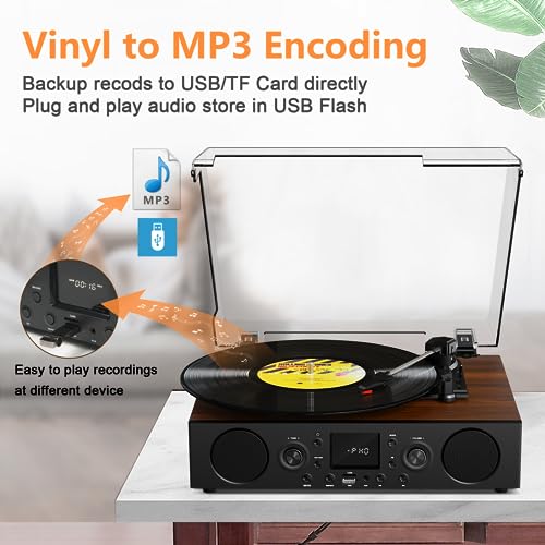 JUNGLE MONSTER Vinyl Record Player with Built-in Speaker,Bluetooth Turntable with USB Recording, 3 Speed Vintage Record Player with Bluetooth Receiving, FM Radio, RCA Out & AXU-in, Vinyl Player Brown - Image 4