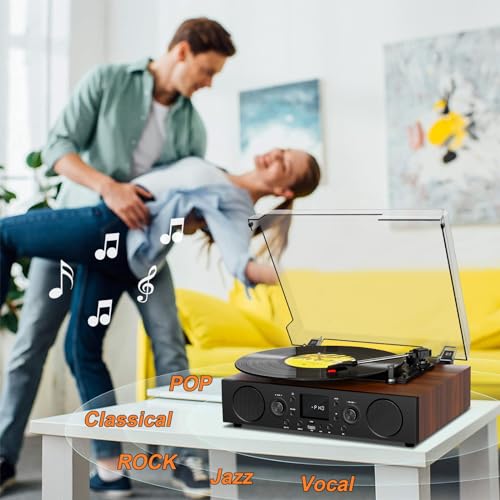 JUNGLE MONSTER Vinyl Record Player with Built-in Speaker,Bluetooth Turntable with USB Recording, 3 Speed Vintage Record Player with Bluetooth Receiving, FM Radio, RCA Out & AXU-in, Vinyl Player Brown - Image 3