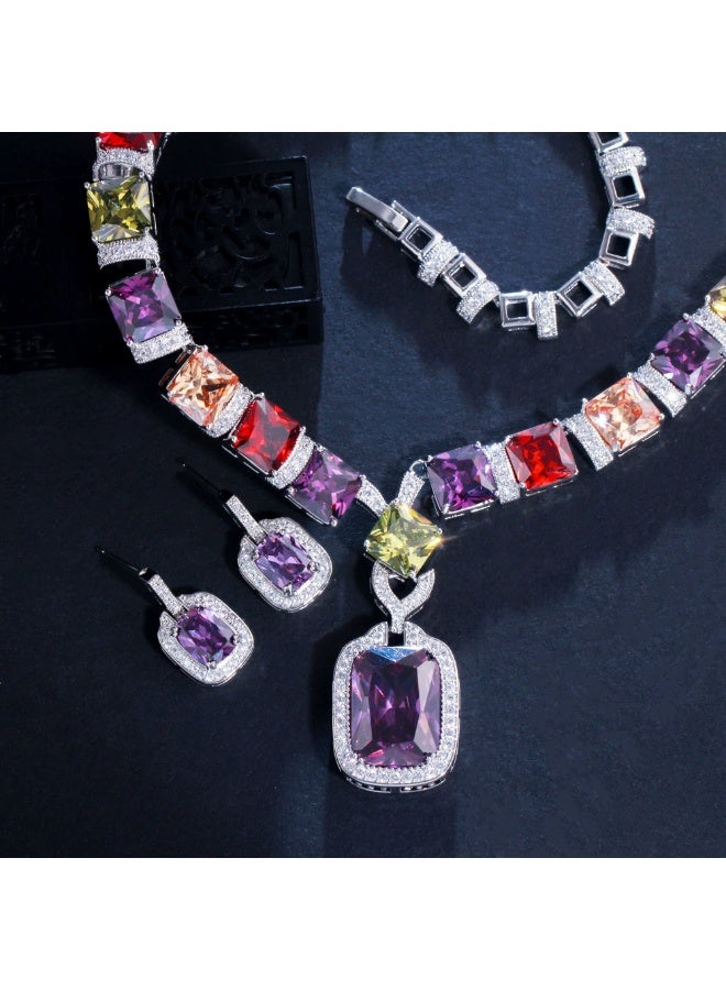 Ciara European and American Bridal Colorful Zircon Necklace Earrings Two Piece Set Wedding Dress Versatile Noble Earrings Banquet Chain - Image 4