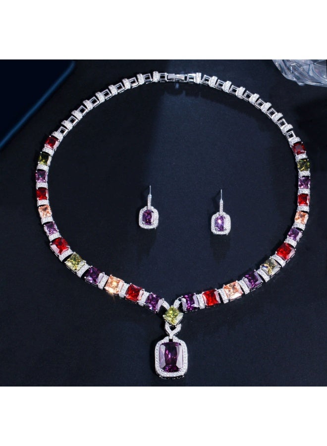 Ciara European and American Bridal Colorful Zircon Necklace Earrings Two Piece Set Wedding Dress Versatile Noble Earrings Banquet Chain - Image 5