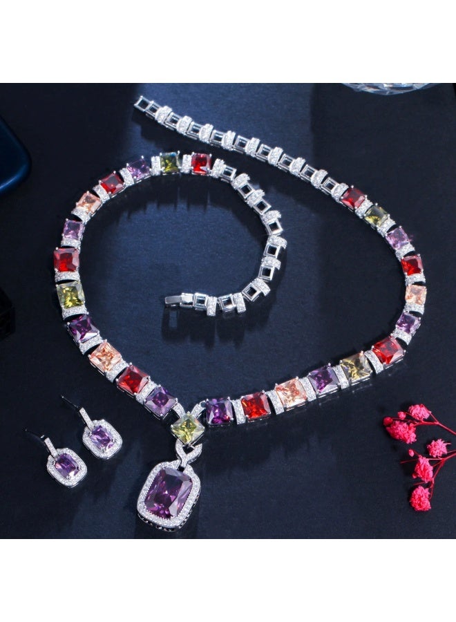 Ciara European and American Bridal Colorful Zircon Necklace Earrings Two Piece Set Wedding Dress Versatile Noble Earrings Banquet Chain - Image 3